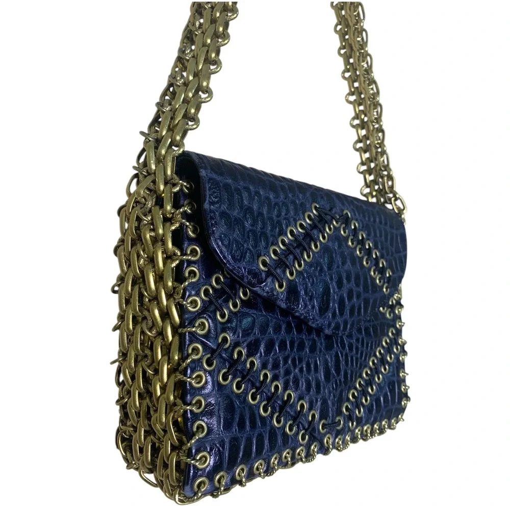 Tory Burch Shoulder Bag Womens Small Navy Croc Embossed Chainmail Gusset Runway